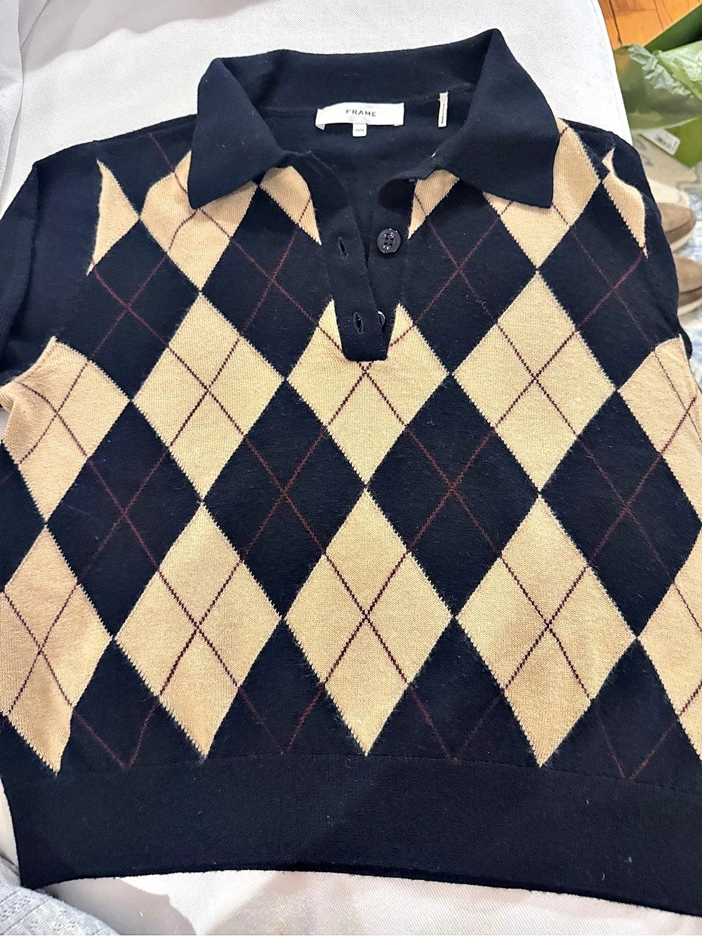 FRAME The Argyle Polo Sweater in Black & Tan Medium